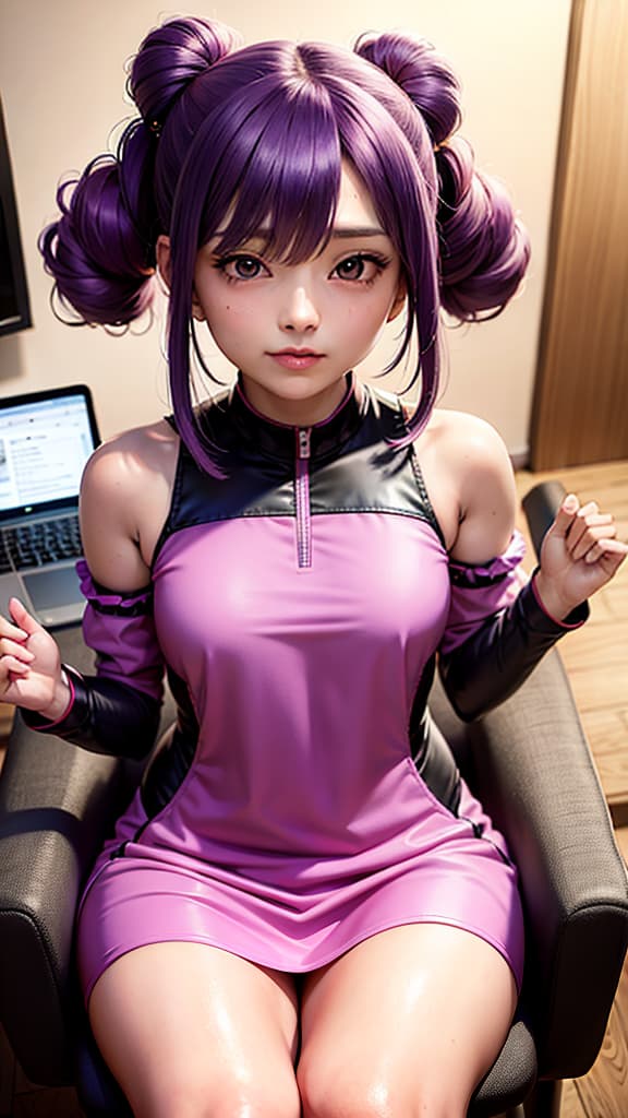   in playing on computer upon chair in room with pink lights , keqing (genshin impact),purple eyes,purple hair,twintails, hair ornament,bare shoulders,dress,hair bun,detached sleeves,