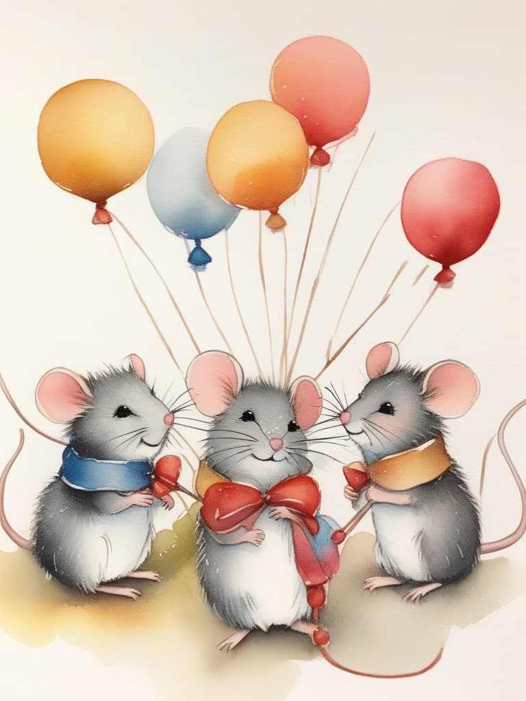  a masterpiece,(((3 little mice))),next to a big red balloon 🎈,a letter tied to the end of the balloon string,acorns,smiles,good friends,fairy tale style,crayon drawing,gentle colors,delicate,detailed,