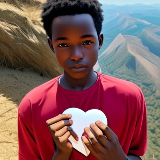  Fair skin Ghanaian boy holding a heart in his hands on a mountain