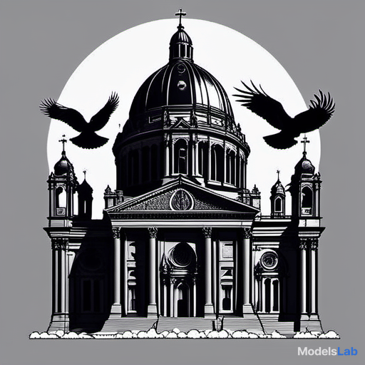  create a tattoo design for the chest featuring two menacing ravens perched on either side of a grand church. the church should have a prominent, golden dome that stands out. the ravens should appear intricate and detailed, with an aura of mystique and power, adding a dark and compelling element to the design. the overall composition should be balanced and fitting for the chest, with the church serving as a central focal point between the two ravens. include subtle shading and intricate line work to enhance the depth and realism of the tattoo. hyperrealistic, full body, detailed clothing, highly detailed, cinematic lighting, stunningly beautiful, intricate, sharp focus, f/1. 8, 85mm, (centered image composition), (professionally color graded), ((bright soft diffused light)), volumetric fog, trending on instagram, trending on tumblr, HDR 4K, 8K