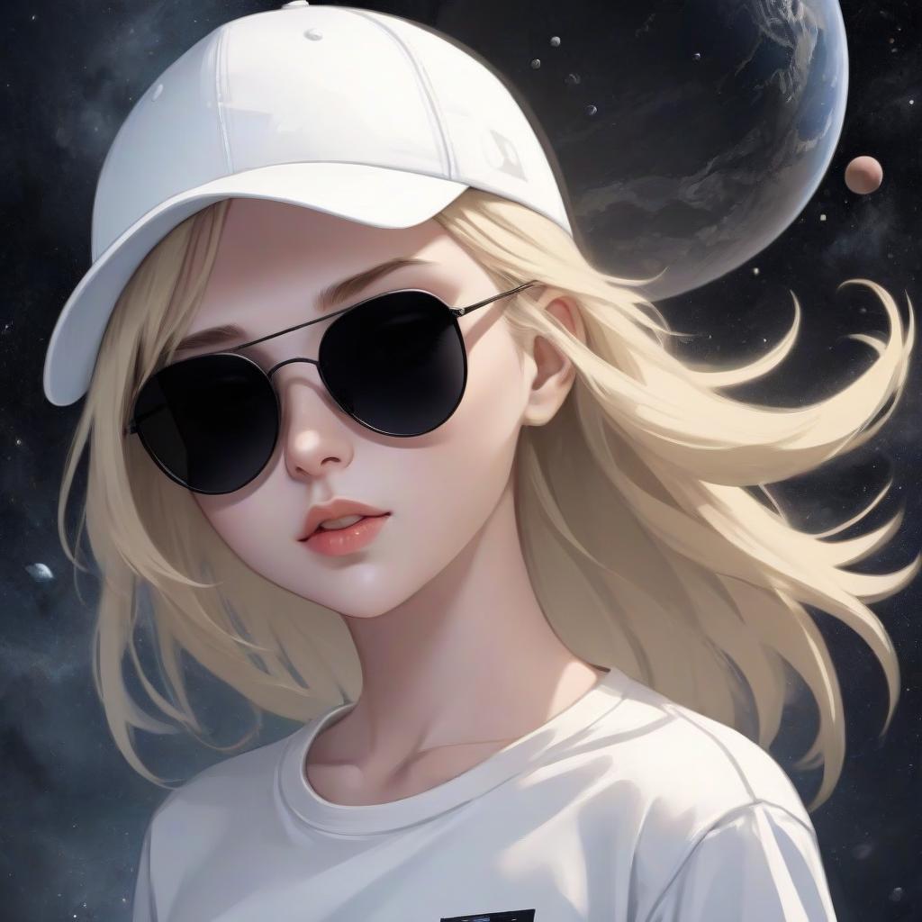  blonde girl in a white t shirt, dark sunglasses and a white cap, space