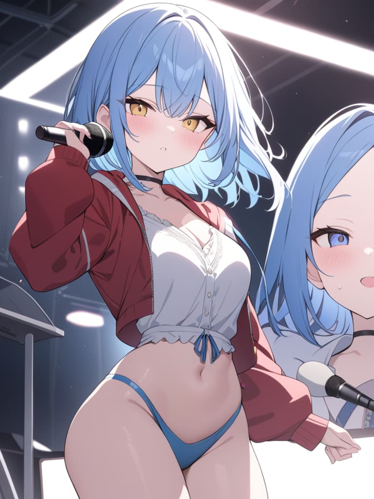  light blue hair, light blue, bob hair, having a microphone, live, let's do it, red jacket, masterpiece, best quality,8k,ultra detailed,high resolution,an extremely delicate and beautiful,hyper detail