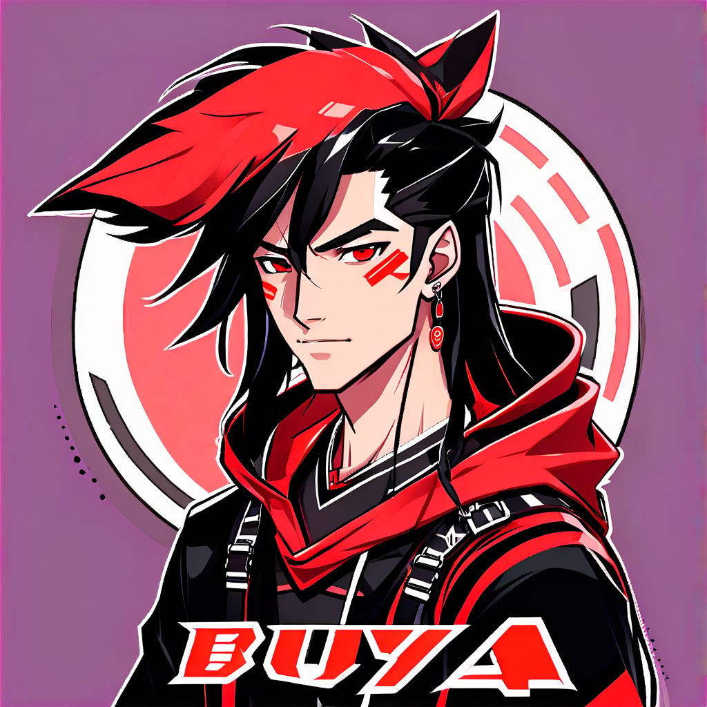  an avatar for a guy on a twitch in the style of anime wanderers, with the inscription: buzya, in red black style