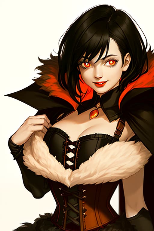  (dark shot:1.1), epic realistic, a beautiful, grown up woman, smiling cheekily. bright orange pupils. short black hair. corset. big chest dark background. on his shoulders is a fur collared cape. older., faded, (neutral colors:1.2), (hdr:1.4), (muted colors:1.2), hyperdetailed, (artstation:1.4), cinematic, warm lights, dramatic light, (intricate details:1.1), complex background, (rutkowski:0.66), (teal and orange:0.4)