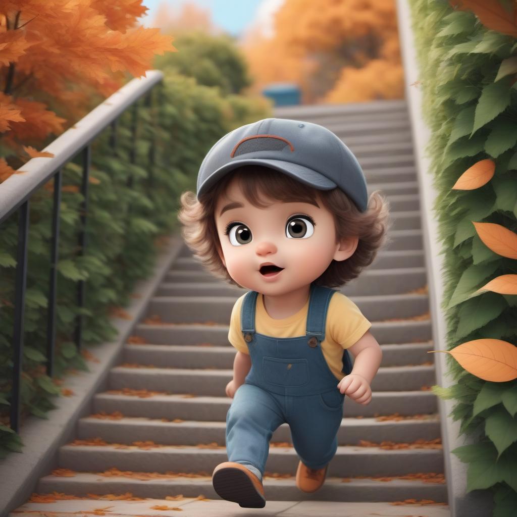  A cute cartoon child with big gray eyes and plump lips, freckles on a snub-nosed face runs up the stairs to meet a leaf fall to draw details a dynamic picture in the style of a comic, cartoon, fantasy anime