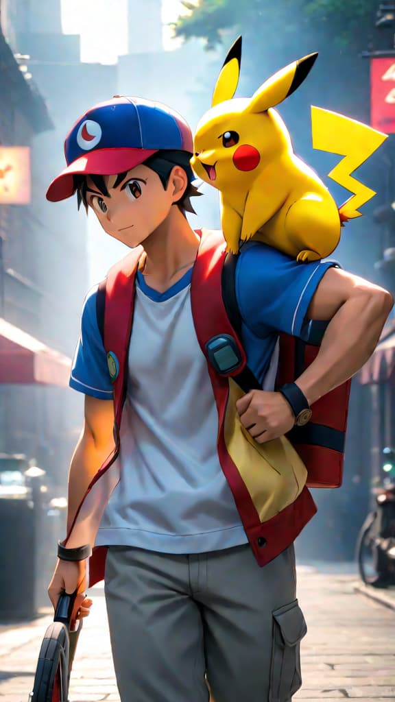  ash ketchum and pikachu from pokémon sharing a heartfelt moment of friendship, anime art hyperrealistic, full body, detailed clothing, highly detailed, cinematic lighting, stunningly beautiful, intricate, sharp focus, f/1. 8, 85mm, (centered image composition), (professionally color graded), ((bright soft diffused light)), volumetric fog, trending on instagram, trending on tumblr, HDR 4K, 8K