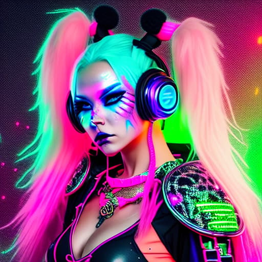  a close up of a woman wearing a bright outfit with headphones, fashion neon light, raver girl, bold rave outfit, dripping in neon paint, cyberpunk fashion clothing, cyberpunk angry gorgeous druid, maximalist fashion, kerli koiv as anime girl, very beautiful cyberpunk samurai, cute rave outfit, fun rave outfit, neon style, cyberpunk fashion