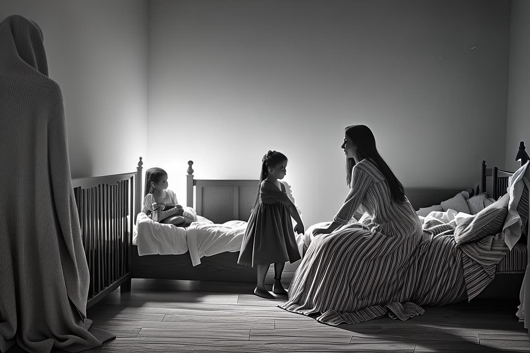  a spooky black and white sketchy line drawing of a ghostly child rising up from a bed while a terrified woman looks on hyperrealistic, full body, detailed clothing, highly detailed, cinematic lighting, stunningly beautiful, intricate, sharp focus, f/1. 8, 85mm, (centered image composition), (professionally color graded), ((bright soft diffused light)), volumetric fog, trending on instagram, trending on tumblr, HDR 4K, 8K