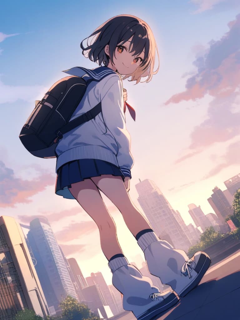   junior high , (male ), sailor suit, mini , transvese, short hair, cute smile, backpack, ultra long loose socks, bottom sneakers, whole body, city landscape,