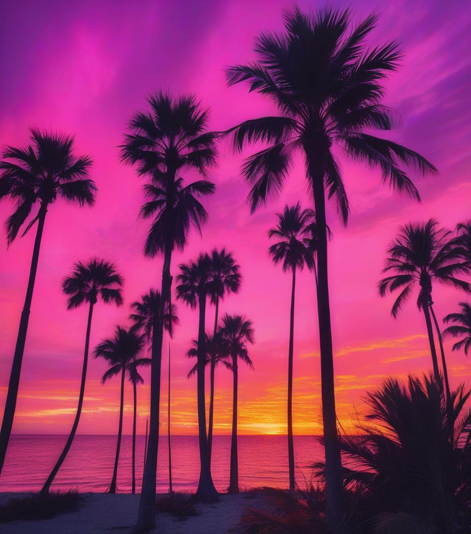  florida sunsets and palm trees on fire, neon vibrant colors,