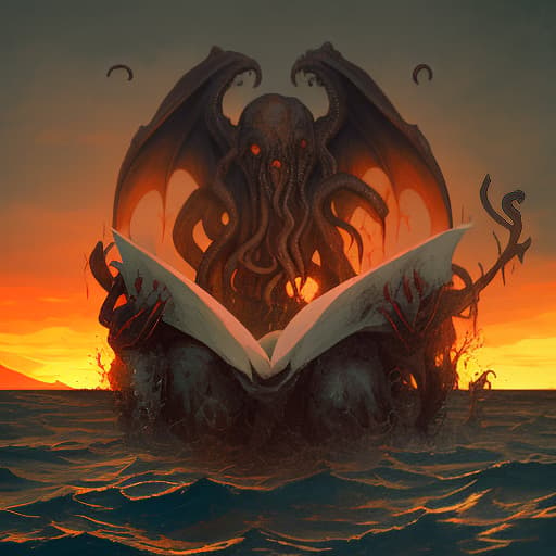  cthulhu on the background of sunset stands in the sea holding a square sheet of white paper, dark , creepy , blood , monsters , by jason engle , carlos huante , charlie bowater , simon lee , brom