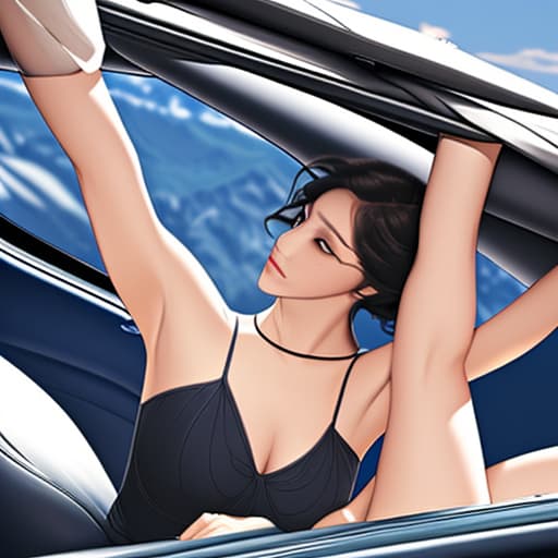  A picture of a woman doing a splits over the top of a sunroof of a car