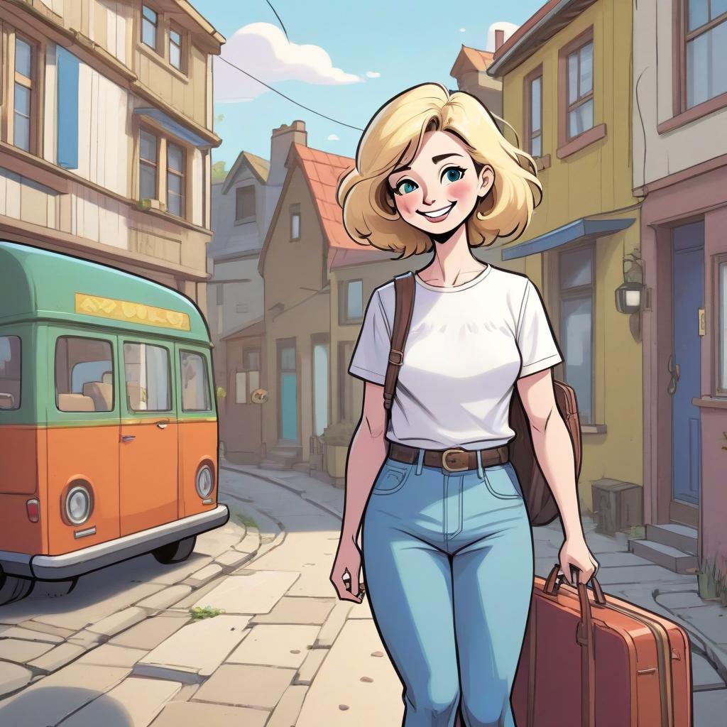  middle aged woman on her doorstep, smiling, color comic style