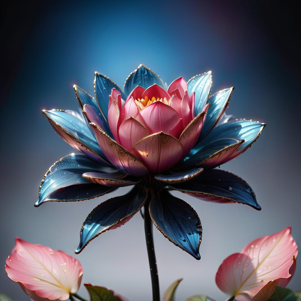  abstract 3d model of lotus bud without stem; material: silver with mercury, on the petals there are many highlights of bright blue and pink neon color, bright mercury bubbles of not clear shape fly around in the air; background: black; around the rose abstract mercury ring cloud, bud flies in the air, style: 3d character, civitai