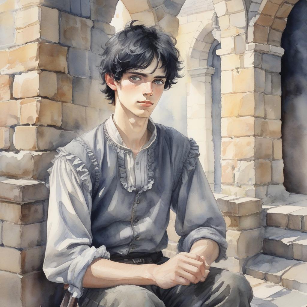  watercolor painting a young fragile young man of 16 with ruffled black hair, gray eyes and peasant clothes in the middle of the castle at work, . vibrant, beautiful, painterly, detailed, textural, artistic