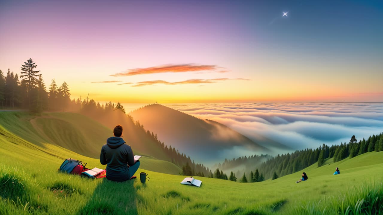  a serene landscape at sunrise, featuring a person sitting cross legged on a grassy hill. they are journaling with a pen, surrounded by floating, ethereal goal icons like stars and arrows, symbolizing focus and intention. hyperrealistic, full body, detailed clothing, highly detailed, cinematic lighting, stunningly beautiful, intricate, sharp focus, f/1. 8, 85mm, (centered image composition), (professionally color graded), ((bright soft diffused light)), volumetric fog, trending on instagram, trending on tumblr, HDR 4K, 8K