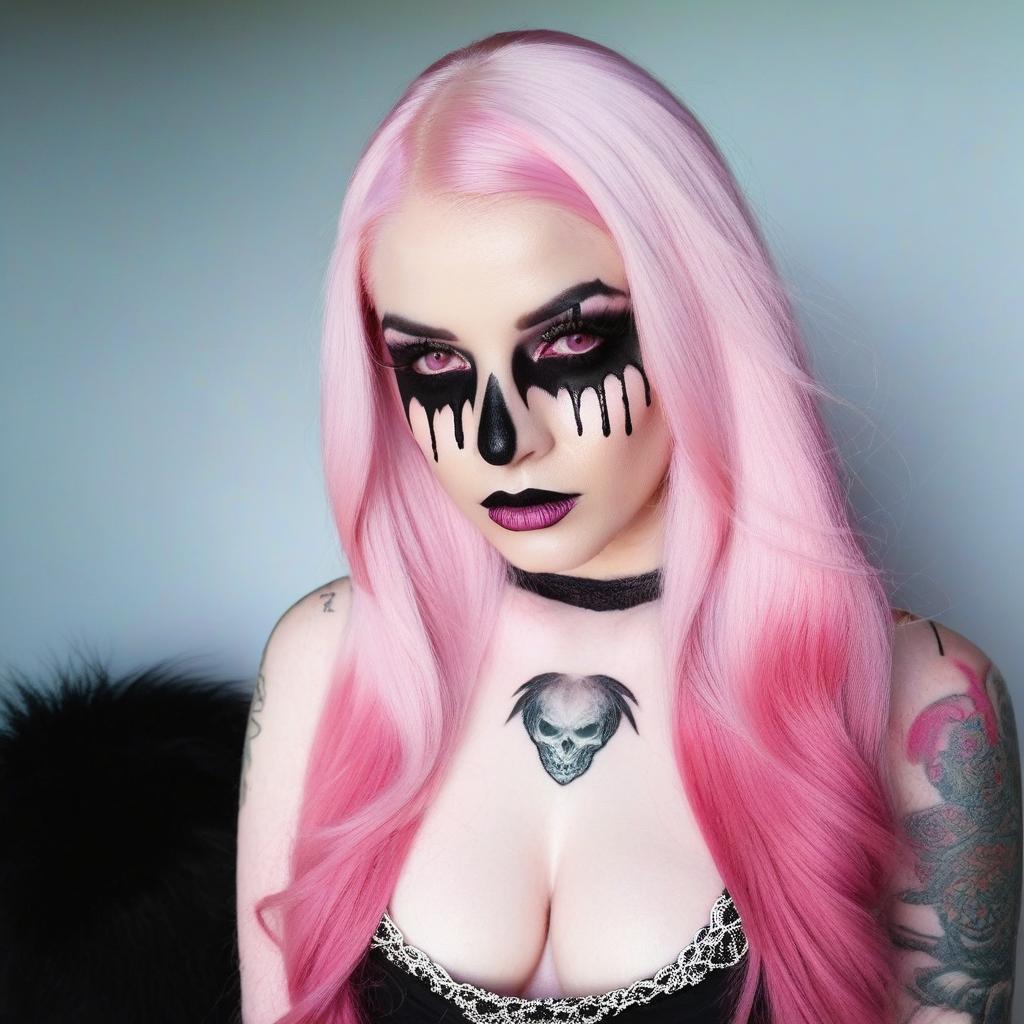  4 age women,full body shot ,full body portrait horrifying scary pale long pink hair ,full white eyes, black lips, black dripping eyeshadow tattoos,in pink cotton with pink trim