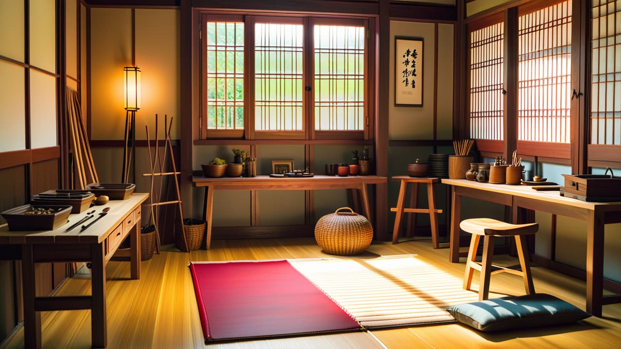  a serene japanese workshop showcasing intricate wood joints, traditional tools, and a craftsman meticulously assembling wooden pieces, surrounded by natural light filtering through shoji screens, highlighting the beauty of craftsmanship and nature. hyperrealistic, full body, detailed clothing, highly detailed, cinematic lighting, stunningly beautiful, intricate, sharp focus, f/1. 8, 85mm, (centered image composition), (professionally color graded), ((bright soft diffused light)), volumetric fog, trending on instagram, trending on tumblr, HDR 4K, 8K