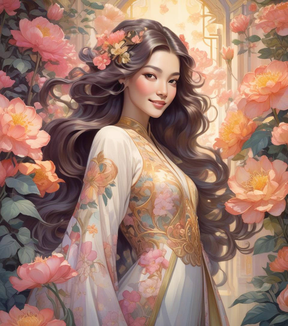  oriental woman sporting a subtle smile amidst an opulent flower garden, imperial hues enveloping the art nouveau inspired floral backdrop, crowned regally, radiant backlighting highlighting her flowing hair, radiant, mythical allure transcending existence, watercolor aesthetic, greg rutkowski's touch, trending on artstation, razor sharp focus, studio setting, elaborate intricacies, volumetric