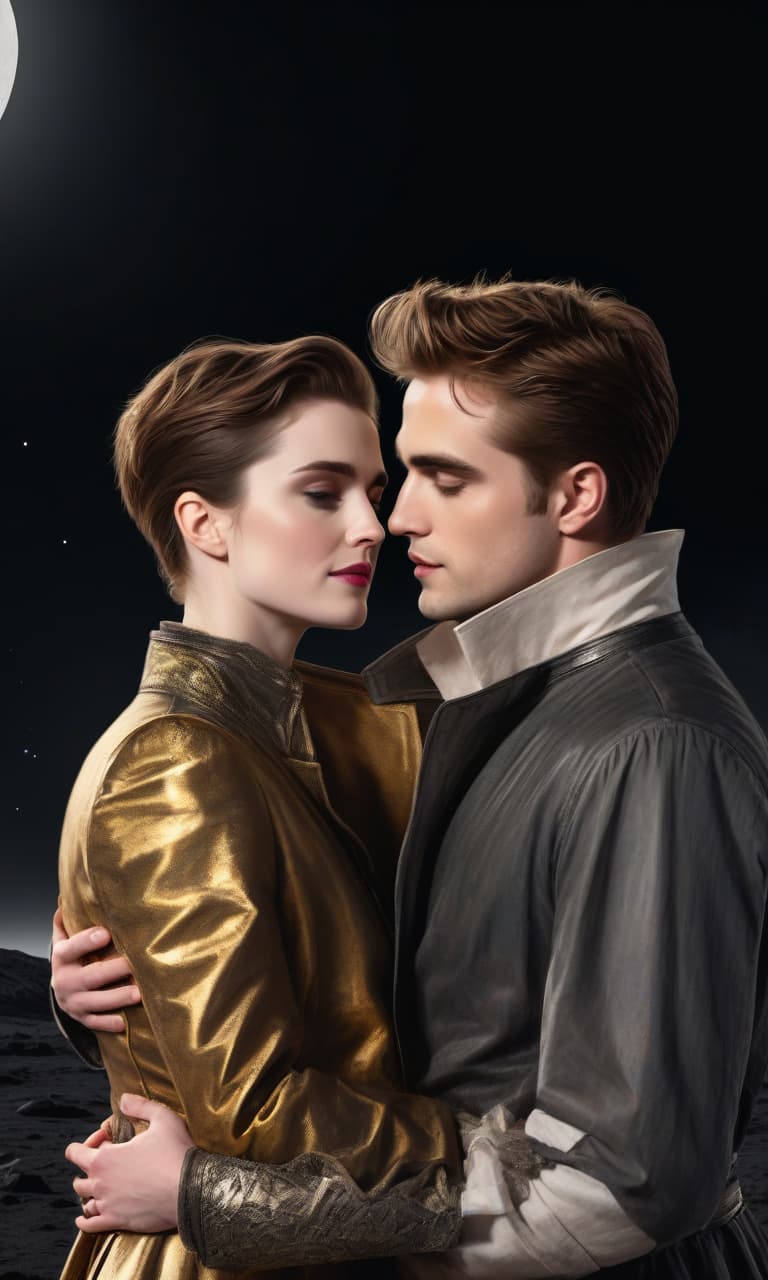  concept art pink, gold, black, white on the background of a huge moon eclipse robert pattison hugs christian steward they stand in the waist. twilight behind . digital artwork, illustrative, painterly, matte painting, highly detailed, perfect hands