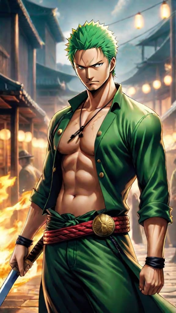  anime art of zoro from one piece with his closed eye hinting at hidden mystical powers. hyperrealistic, full body, detailed clothing, highly detailed, cinematic lighting, stunningly beautiful, intricate, sharp focus, f/1. 8, 85mm, (centered image composition), (professionally color graded), ((bright soft diffused light)), volumetric fog, trending on instagram, trending on tumblr, HDR 4K, 8K