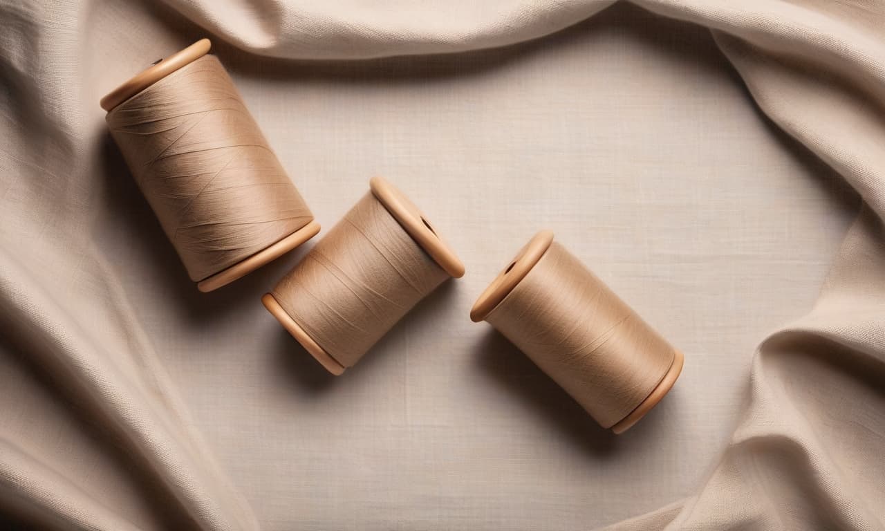  realistic photograph, top view, {natural linen fabric with soft folds, ((two spools)) of sewing thread lie ((on the right side)) of the frame}. soft diffused daylight. the spools of thread are realistic and have the correct shape. product photography