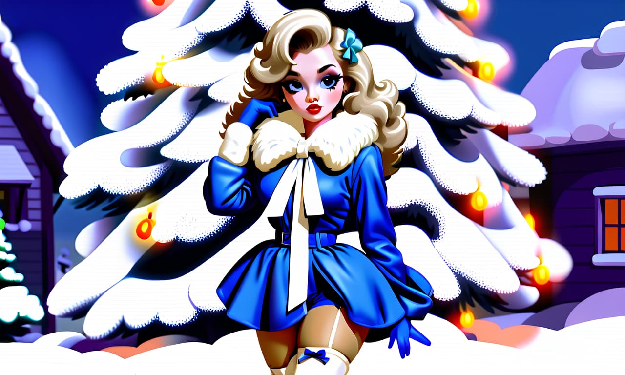  kawaii style "create a painting in the pin up style featuring a young woman with a cute face and makeup. she has light hair styled with large white bows on the sides, from which curly hair flows down. the woman is dressed in a short blue fur coat with a fluffy white fur collar, which accentuates her figure. her arms are extended along her body to mid thigh, with her wrists flared out to the sides. she wears nylon stockings and long white leather high heeled boots, standing as if on her toes. the scene depicts her standing straight in the snow, appearing to shiver from the cold, surrounded by snow and snowdrifts. to her right, there is a fluffy green christmas tree adorned with colorful ornaments and twinkling lights. the snow sparkles and g