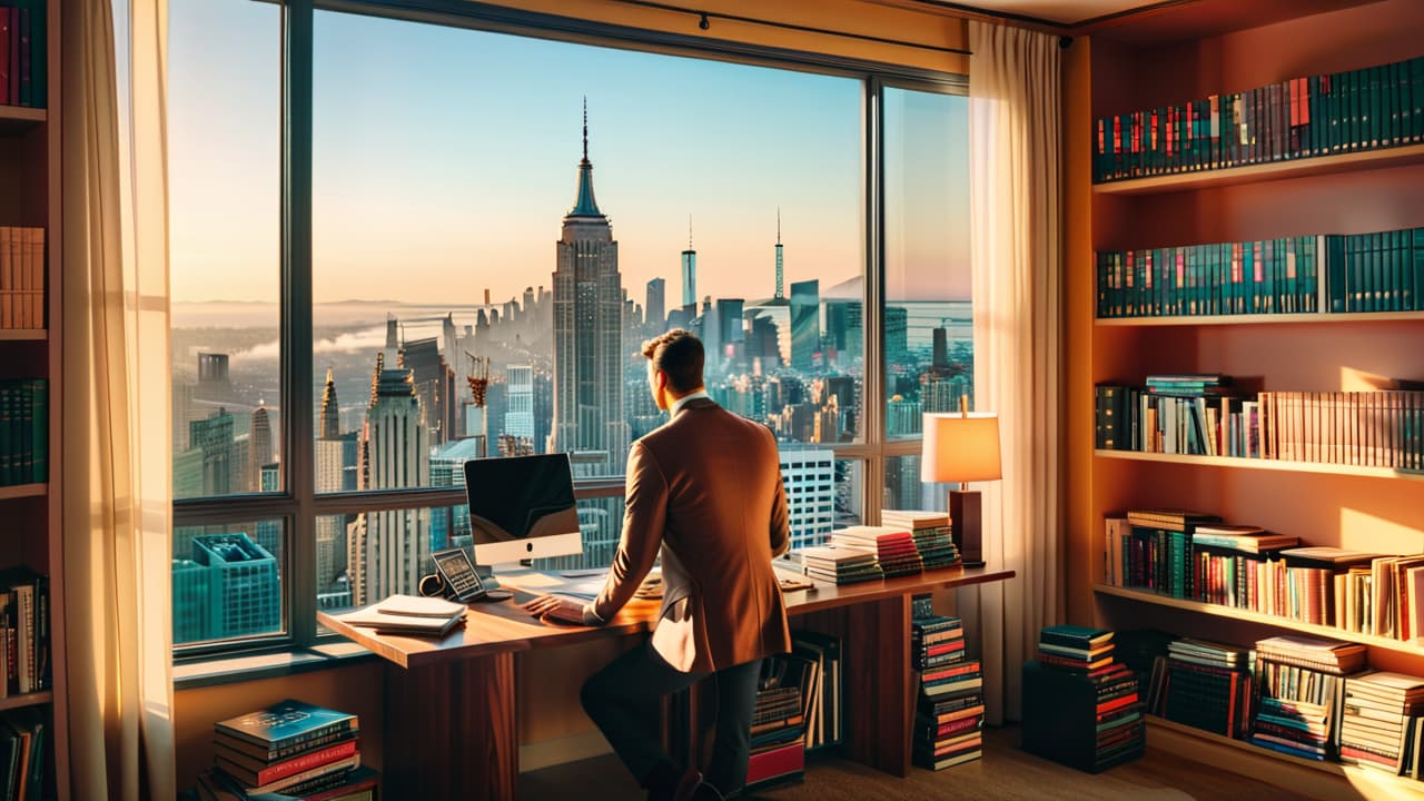  a cozy, sunlit study filled with crossword puzzles, shelves of books, and a large window overlooking a vibrant city skyline, hinting at will shortz's creative environment and the challenges it inspires. hyperrealistic, full body, detailed clothing, highly detailed, cinematic lighting, stunningly beautiful, intricate, sharp focus, f/1. 8, 85mm, (centered image composition), (professionally color graded), ((bright soft diffused light)), volumetric fog, trending on instagram, trending on tumblr, HDR 4K, 8K