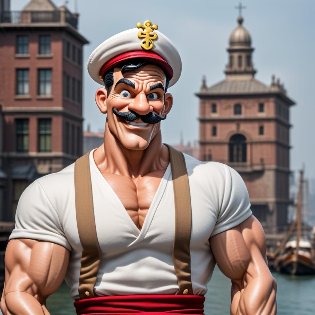  A funny cartoon image of Popeye the Sailor Man in a different humorous scenario. Perhaps he's trying to impress Olive Oyl with an over-the-top muscular pose, or caught in an unexpected, funny situation with a mischievous smile. The overall style should remain light-hearted and entertaining. hyperrealistic, full body, detailed clothing, highly detailed, cinematic lighting, stunningly beautiful, intricate, sharp focus, f/1. 8, 85mm, (centered image composition), (professionally color graded), ((bright soft diffused light)), volumetric fog, trending on instagram, trending on tumblr, HDR 4K, 8K