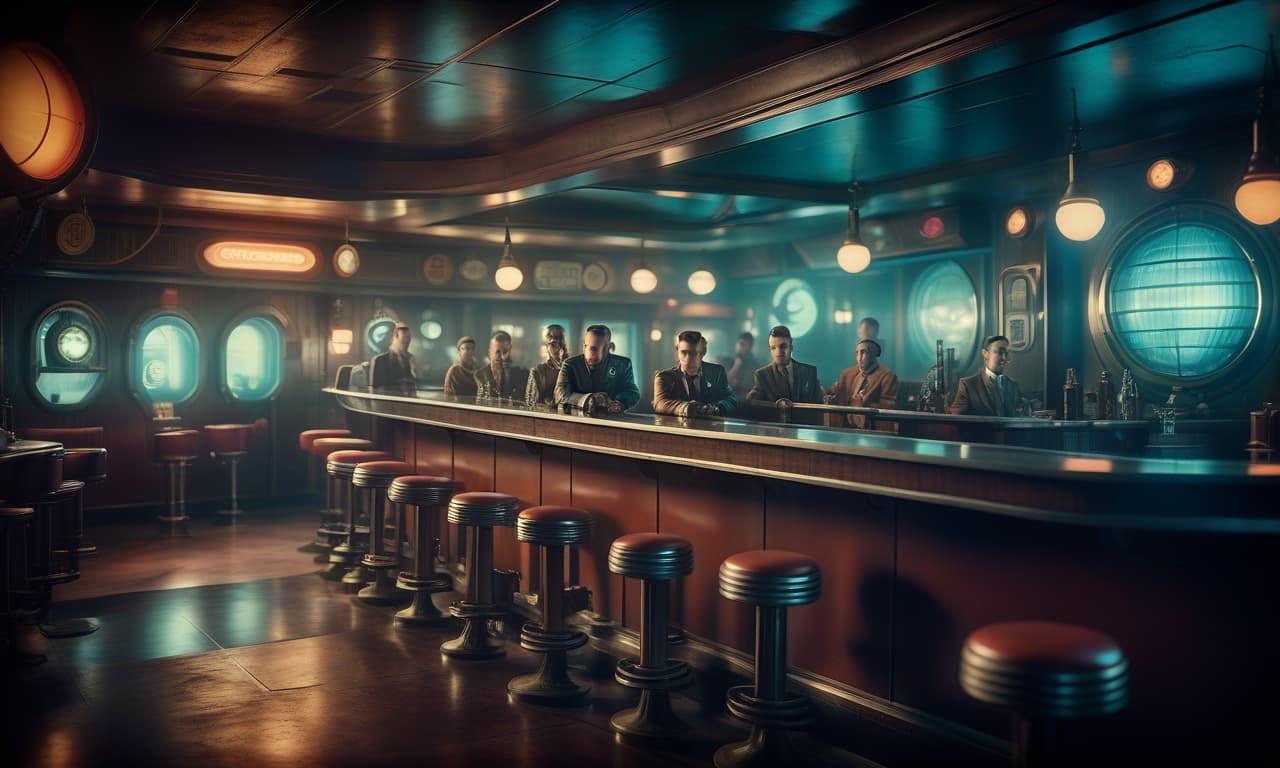  cinematic film still retro futuristic tavern, dieselpunk image . shallow depth of field, vignette, highly detailed, high budget, bokeh, cinemascope, moody, epic, gorgeous, film grain, grainy