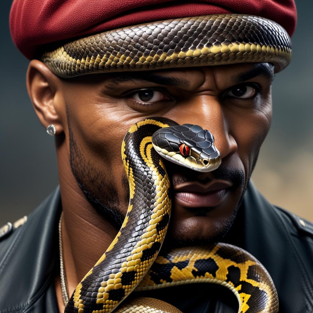  a snake with Mike Tyson's face in place of the snake's head hyperrealistic, full body, detailed clothing, highly detailed, cinematic lighting, stunningly beautiful, intricate, sharp focus, f/1. 8, 85mm, (centered image composition), (professionally color graded), ((bright soft diffused light)), volumetric fog, trending on instagram, trending on tumblr, HDR 4K, 8K