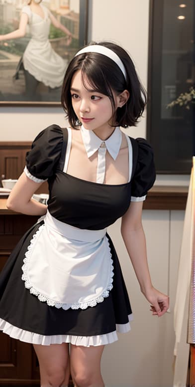  ((masterpiece)), ((best quality)), (ultra detailed), (((coffee shop))), daytime, autumn, a cute girl, 1girl, solo, ((black maid uniform)), ((white maid apron)), beautiful black hair, beautiful black eyes, ((beautiful eyes)), ((short hair)), (((white headband))), light smile, hyperrealistic, full body, detailed clothing, highly detailed, cinematic lighting, stunningly beautiful, intricate, sharp focus, f/1. 8, 85mm, (centered image composition), (professionally color graded), ((bright soft diffused light)), volumetric fog, trending on instagram, trending on tumblr, HDR 4K, 8K