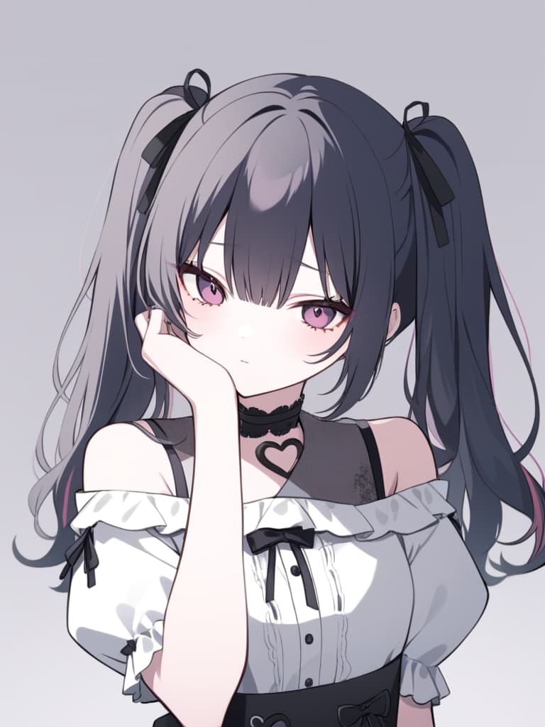  "a 'jirai kei' female character with a youthful and delicate appearance,resembling the style of the provided reference image. the character has black hair in a short,slightly messy,and layered style,tied into twin tails with black ribbons. she wears a dark outfit with a choker around her neck,featuring heart shaped details,and black,off the shoulder clothing with puffy sleeves.the character should also be wearing a black mask that has been pulled down to rest around her chin,partially exposing her face. she has a melancholic yet slightly shy expression,with dark makeup around her eyes that enhances her introspective and emotional look. the pose remains delicate,with one hand gently resting near the mask,as if she has just pulled it down.the