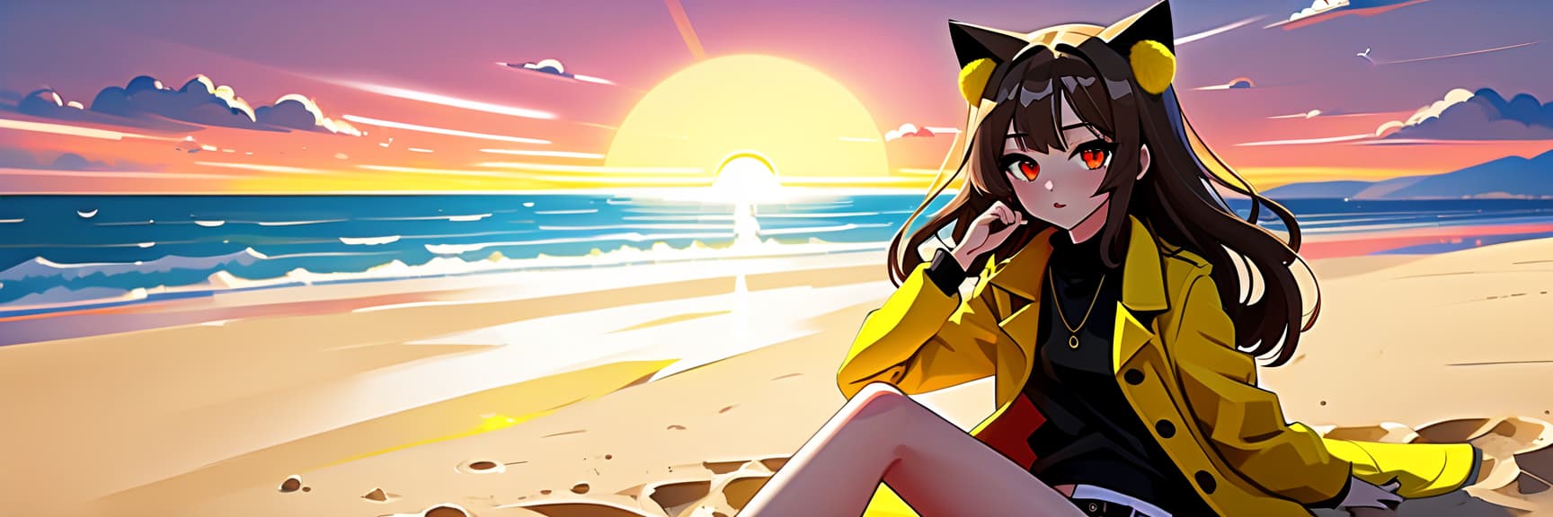  constructivist style an anime girl with cat ears sits on the sand of the beach. she has long dark brown hair, which flies slightly in the breeze. her face, with pronounced jewish and slavic features, radiates lively energy. brown eyes are full of deep emotions, as if reflecting the vast expanses of the ocean. she wears a bright yellow coat, which seems to shine, catching the eye and contrasting with the soft shades of the sunset. under her coat she wears a black shirt and black shorts are decorated with yellow elements, creating a stylish and dynamic look. a bright red sunset turns into night, and the bright red rays of the sun fall on the terrain and contrast with the night darkness. . geometric shapes, bold colors, dynamic composition, pr