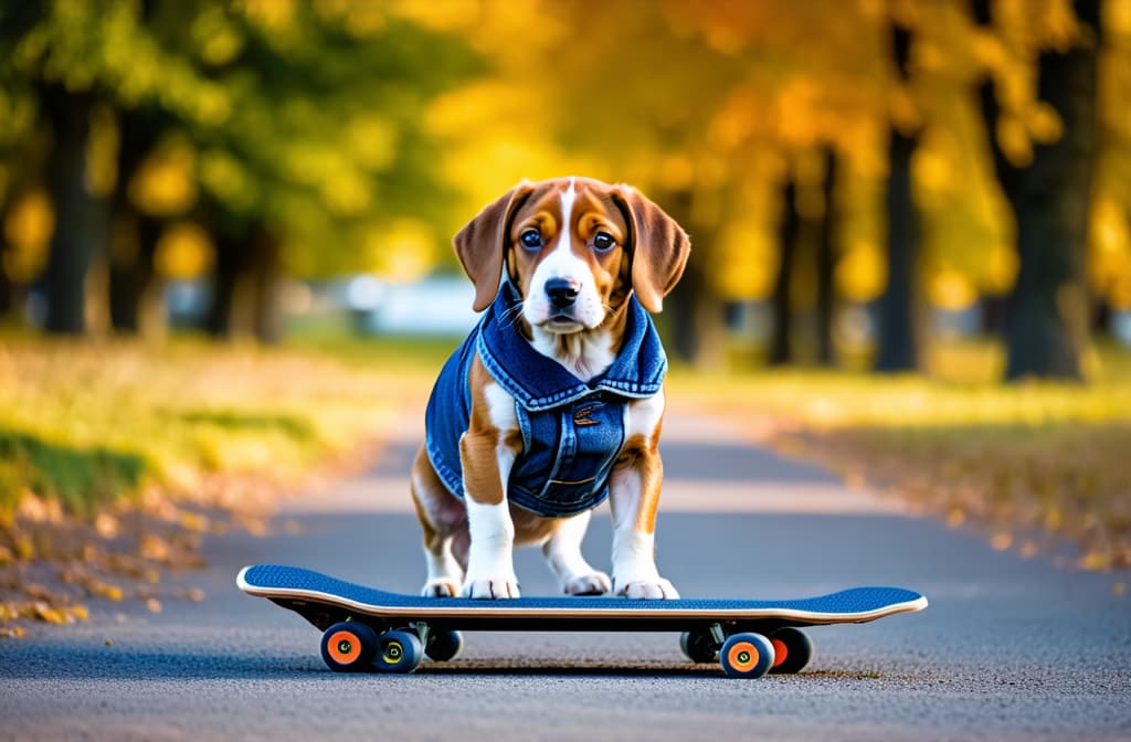  professional detailed photography, a beagle puppy stands on four paws on a platform skateboard on an asphalt path in an autumn park in a denim sleeveless jacket , (muted colors, dim colors, soothing tones), (vsco:0.3)