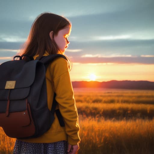  Girl with a backpack at sunset