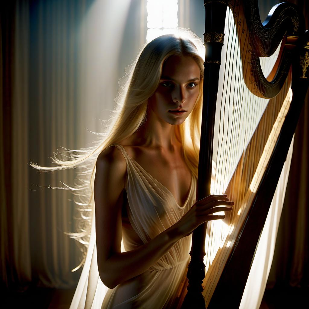  cinematic photo a beautiful young woman facing the camera, with long blonde hair, partially naked body covered by a thin white chiffon cloth, illuminated by a beam of light from behind. he was standing playing the harp. his eyes were closed listening to the music that flowed from his soul. intricate detail, 3d, 32k . 35mm photograph, film, bokeh, professional, 4k, highly detailed