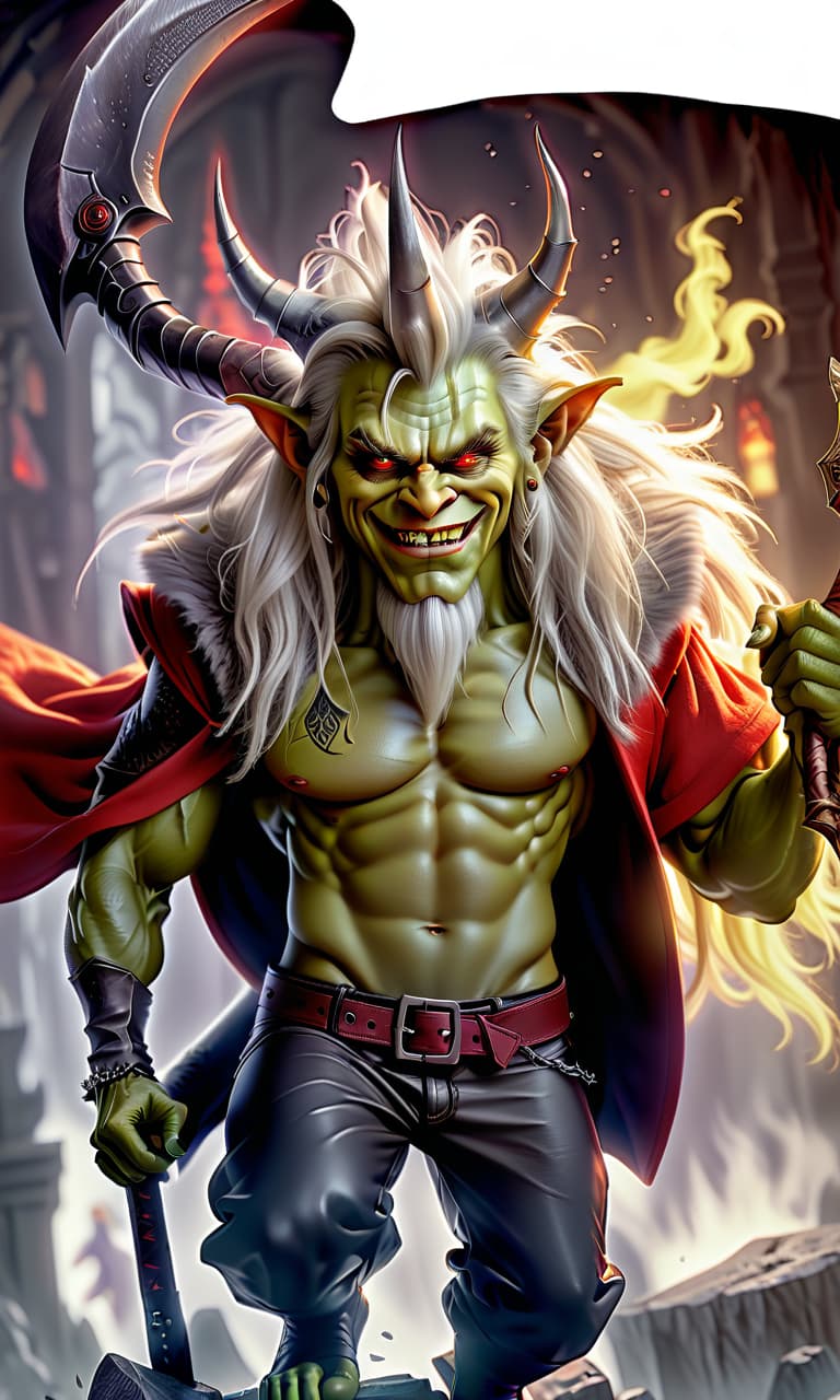  hyperrealistic art an evil goblin king, a crown on his head, with a small beard, red eyes, an evil grin on his face, a mantle with a fluffy collar, a large axe on his shoulder, a sporty physique. . extremely high resolution details, photographic, realism pushed to extreme, fine texture, incredibly lifelike, perfecteyes, hkmagic, glowneon