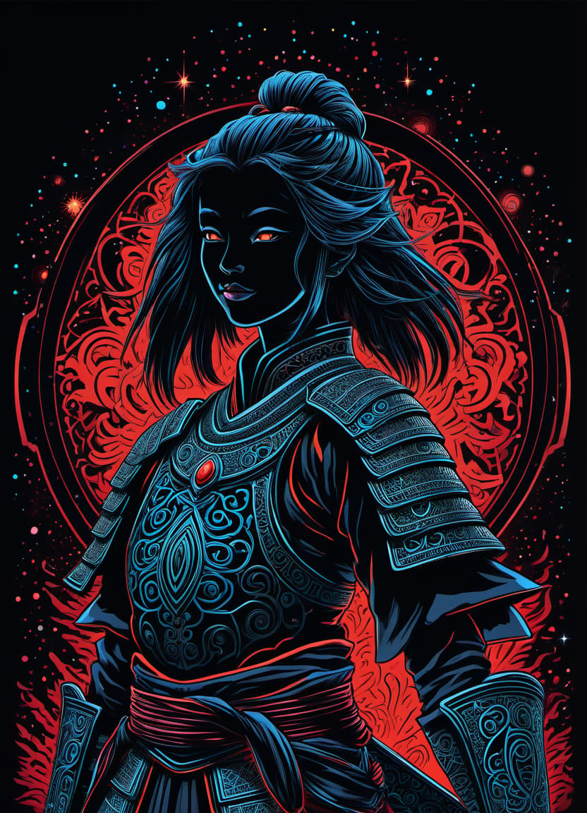  a humorous illustration. bright colors, cartoon style. on the black background, shiny contours outlines of silhouette of a japanese samurai girl in black samurai armor, made of blue star and red comet, frame with intricate thin ornamentation from comet, stars and cosmic dust: (thin: 1,4) lines ,