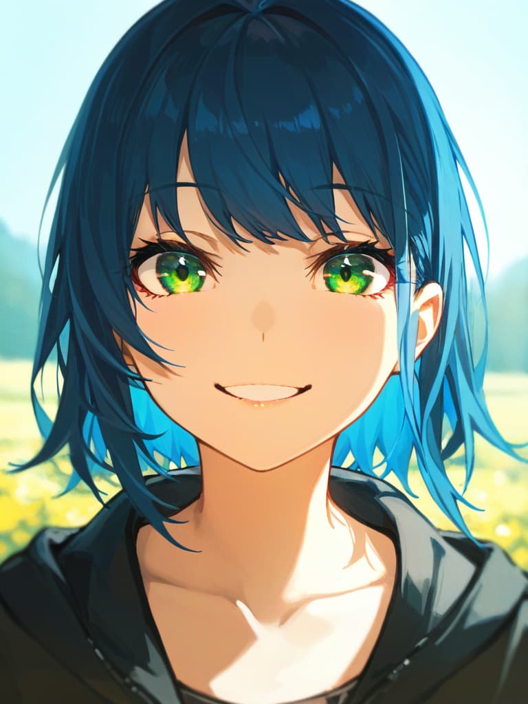  (wide bank: 1.4), close up, peace near the face, peace, best quality, blue hair, from front, ultra detailed, bob, masterpiece, smile, green eyes, smile, smile, smile.