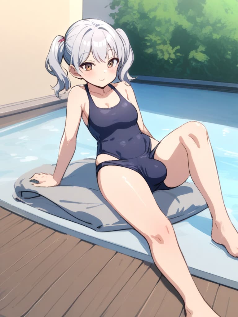  women's elementary students (male), twin tails, cute smiles, rich s, low stature, dark blue swimwear, old swimwear, , simple, , (bulge), male (bulging), front, whole body, pool side,