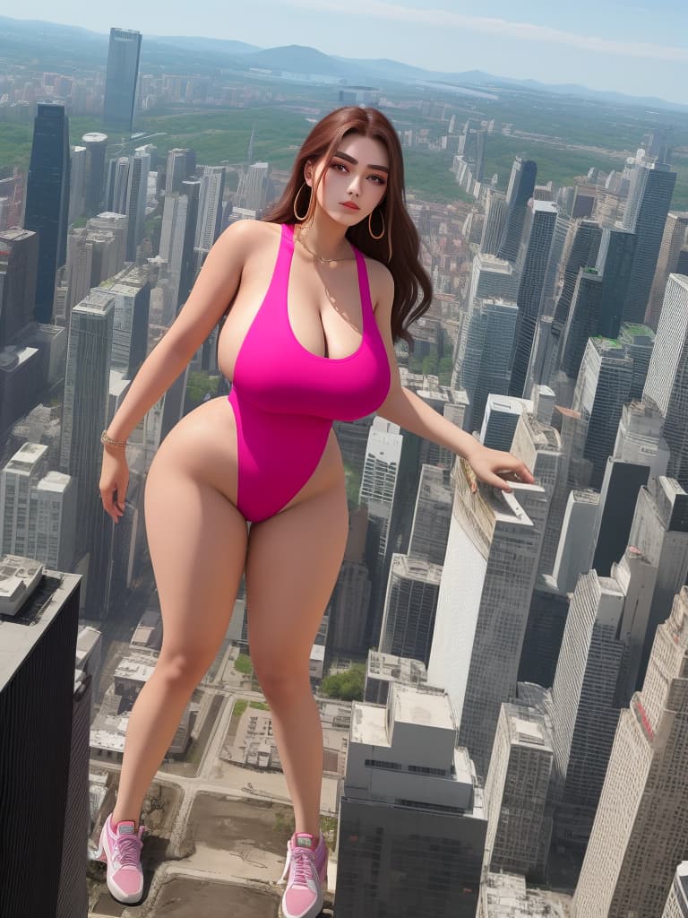  masterpiece, best quality, in a city devastated by the presence of a giantess, a woman with long hair stands tall, her smirk and arched eyebrows exuding confidence. paired with sneakers, she wears a hot pink one piece with high cut legs, her side and emphasizing her huge s and wide hips. cracks on the ground surround her as she looks down at the crushed buildings below. the aerial view captures the full body of the , emphasizing her towering presence and the devastation she has caused. the atmosphere is post apocalyptic, with a sense of power and destruction. best quality, masterpiece, 8k resolution