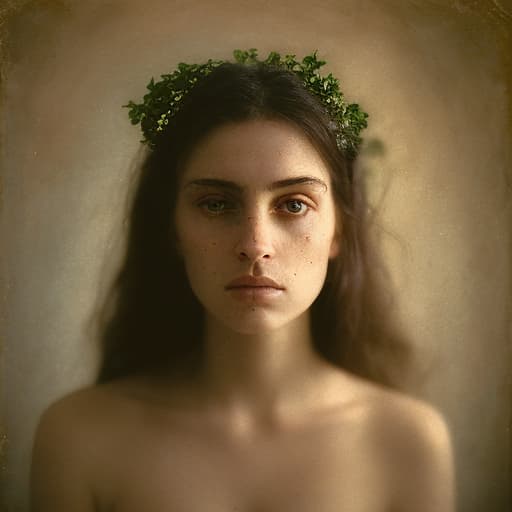 analog style Highly detailed moody dark, masterful portrait of a breathtakingly lovely, wild Witchling nymph surrounded by trailing ivy painted by John William Waterhouse and Rembrandt. She has a beguiling face and is looking down directly at the viewer. Her eyes are breathtakingly lovely and engaging. She has long, wild, unkempt dark hair. Gorgeous, highly detailed , ornate composition using the golden ratio.