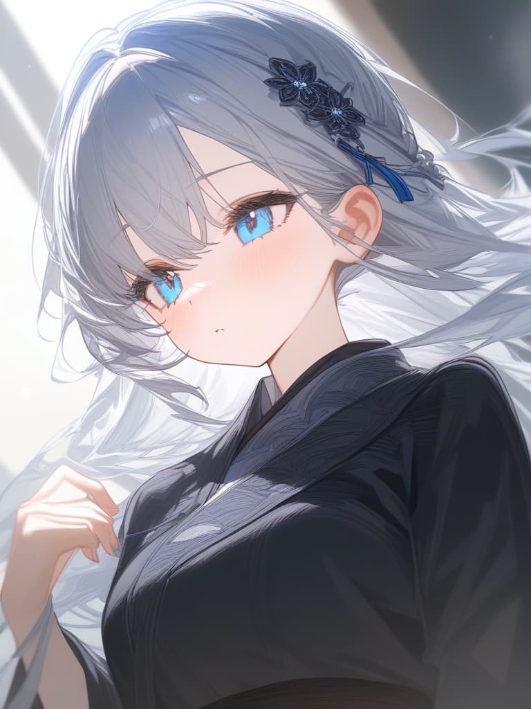  girls with gray hair, light blue eyes, japanese style, silver and blue hairpins, pale soul, cute, masterpiece, best quality,8k,ultra detailed,high resolution,an extremely delicate and beautiful,hyper detail