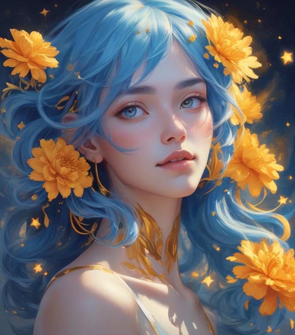  a painting of a woman with blue hair, marigold celestial vibe, :: rossdraws, blue and gold color scheme, within radiate connection, glowing aesthetic, golden taurus, suns, looking to stars, very anime, bright:. hyperrealism mixed with 2d, bold colors, stylized portraits, famous faces, pop art still life, pop art landscapes. delicate face, facial details, confident soft impressionist perfect composition, sharp, perfect eyes. jamuary 21 = drawing + romanticism + abstract art. drawing by michael ayrton, fusion of [romanticism | abstract art by alberto seveso] digitally enhanced cinematic pencil sketch manifesting intense emotion. an image must have a mysterious look and incredible masterpiece quality it must be in high resolution (8k) w