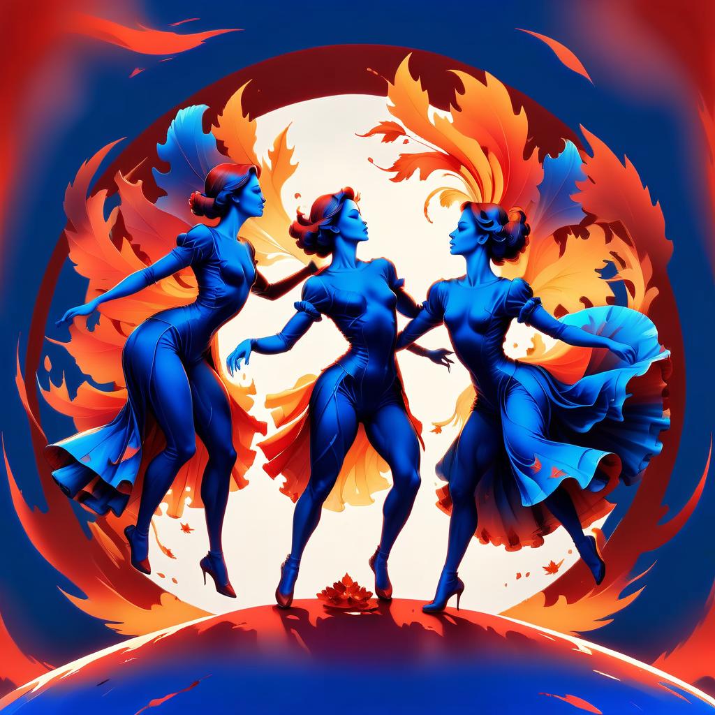  (drawing in red, blue and orange ink, double exposure:1.4). in the center of the circle is the silhouette of a dancing couple. flying maple leaves. (crystal, flowing silk:1.3). ornate, romantic, elegant, refined. rococo style. high detail, high grace and precision of execution., glowneon, t shirt design