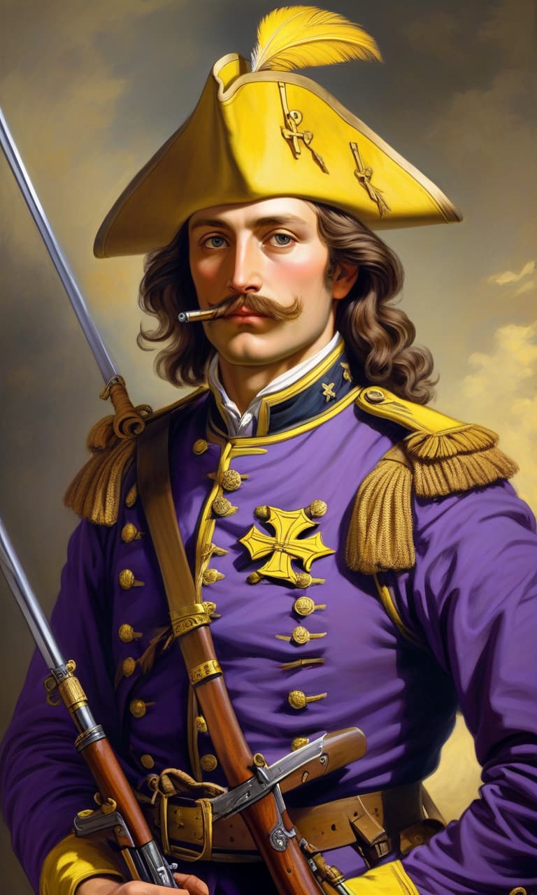  renaissance style an ancient portrait of a military musketeer from the 1880s. a purple uniform with yellow elements, a yellow german cross on the chest and a musket of a sample of 19 waka that hangs from behind on the back. style: oil drawing of the 19th century, close up portrait to the chest. . realistic, perspective, light and shadow, religious or mythological themes, highly detailed