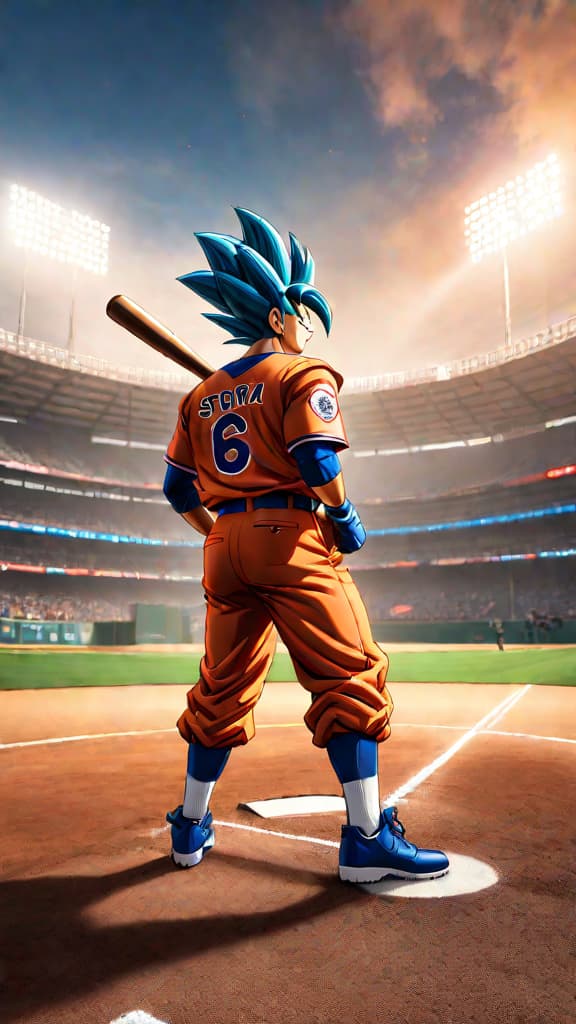  anime art: goku, vegeta, and dragon ball super crew play baseball, aiming for the winning home run. hyperrealistic, full body, detailed clothing, highly detailed, cinematic lighting, stunningly beautiful, intricate, sharp focus, f/1. 8, 85mm, (centered image composition), (professionally color graded), ((bright soft diffused light)), volumetric fog, trending on instagram, trending on tumblr, HDR 4K, 8K