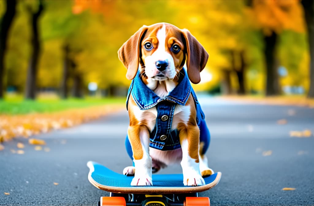  a beagle puppy stands on a skateboard on a paved path in an autumn park in a denim vest {prompt}, maximum details