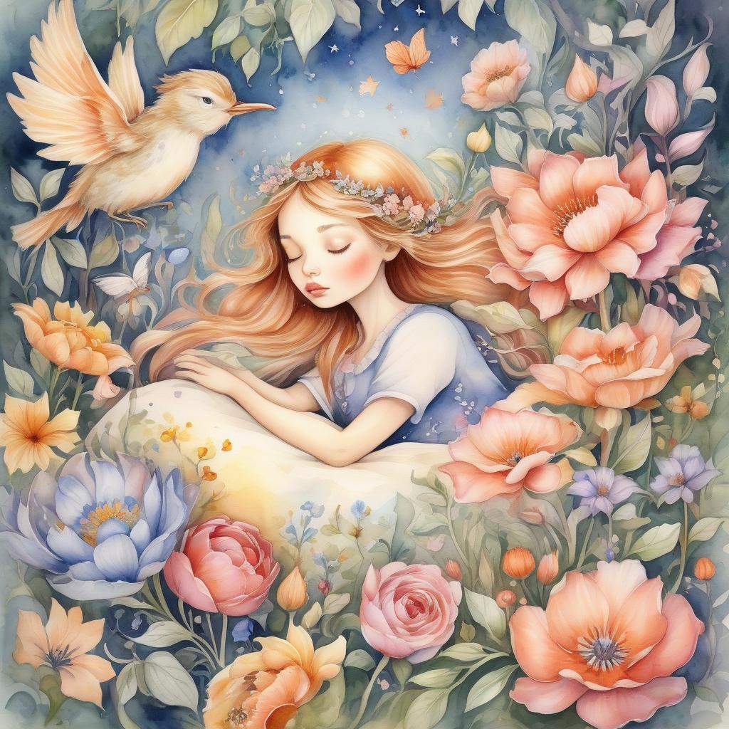  fairy tale (watercolor: 1.4) a girl sleeps inside a flower. fabulous flowers, magical forest, unusual birds, zorina baldescu style . magical, fantastical, enchanting, storybook style, highly detailed, hkmagic